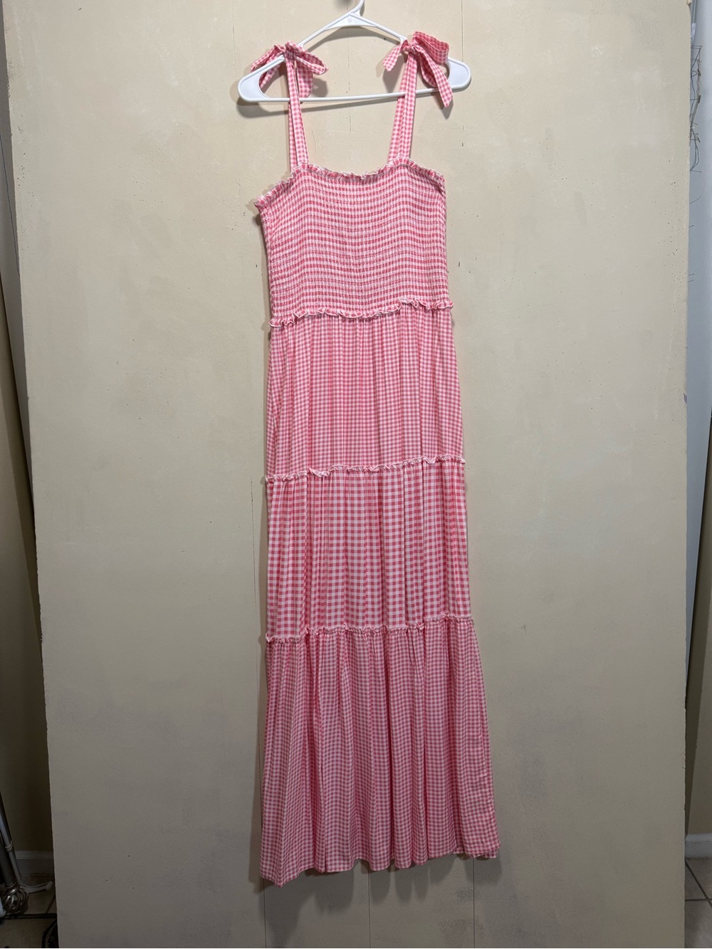 Bebop Pink Gingham Tie-Shoulder Tiered Maxi Dress Women's Sz L